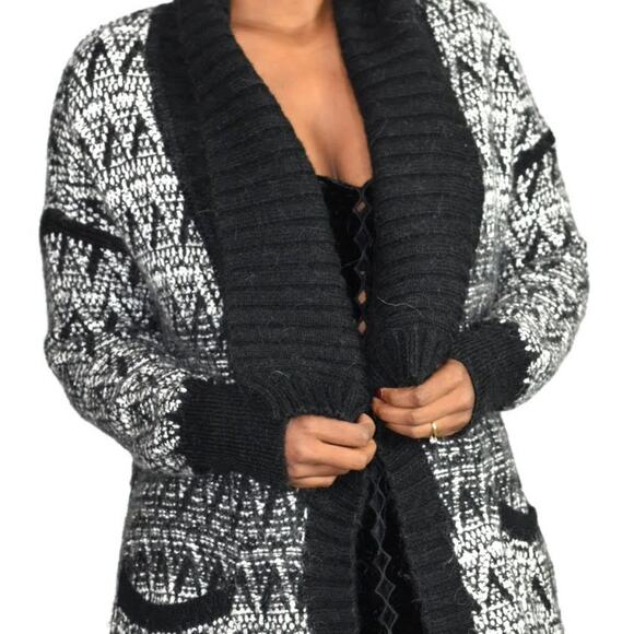 Cynthia Rowley Sweater Black Alpaca Open Front Cardigan Long Chunky Size Medium - Picture 4 of 12